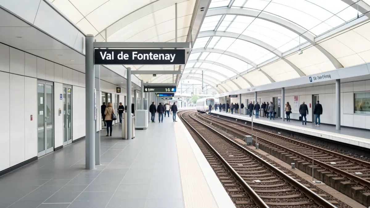 Generic image of a modern metro station in Île-de-France, with tracks extending into the distance under a canopy.