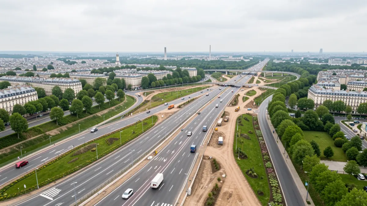 Aerial view of roadworks on the Departmental Road 57 in Île-de-France, showing lane widening and landscaping.