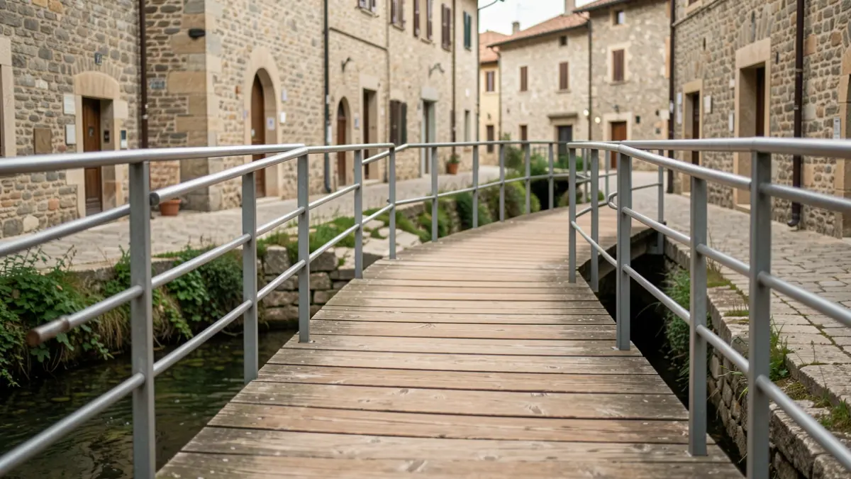 Generic image of wooden footbridge rehabilitation works in an old town center.