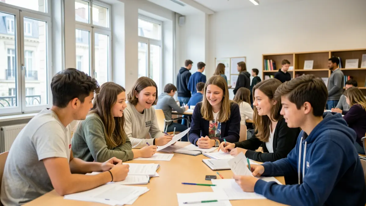 Young middle and high school students discuss around a table in a meeting room at the Esbly town hall.