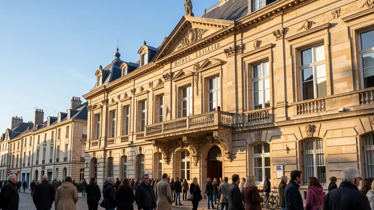 Façade en pierre de l'Hôtel de Ville d'Étampes sous le soleil d'après-midi.