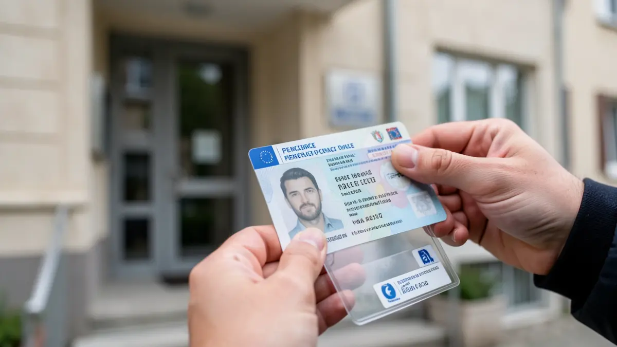 Identity check in front of a building entrance door.