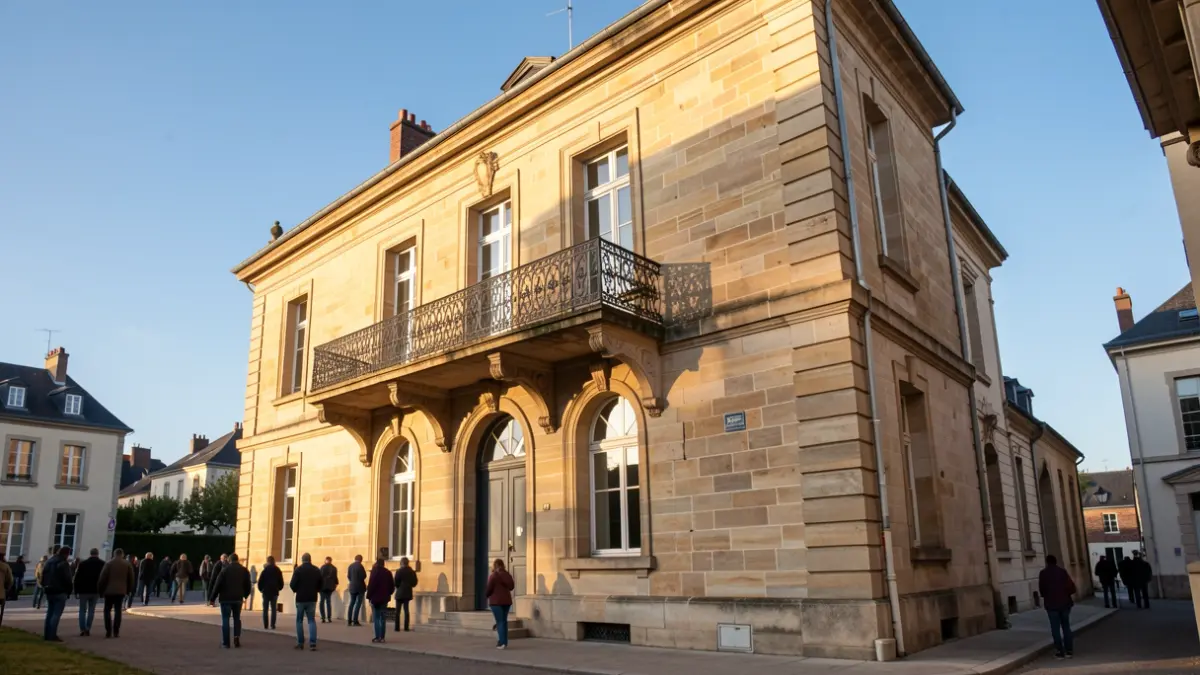 Stone facade of a French town hall with an ornate balcony and iron railings, warm afternoon sunlight casting shadows on the sandstone walls, blue sky.