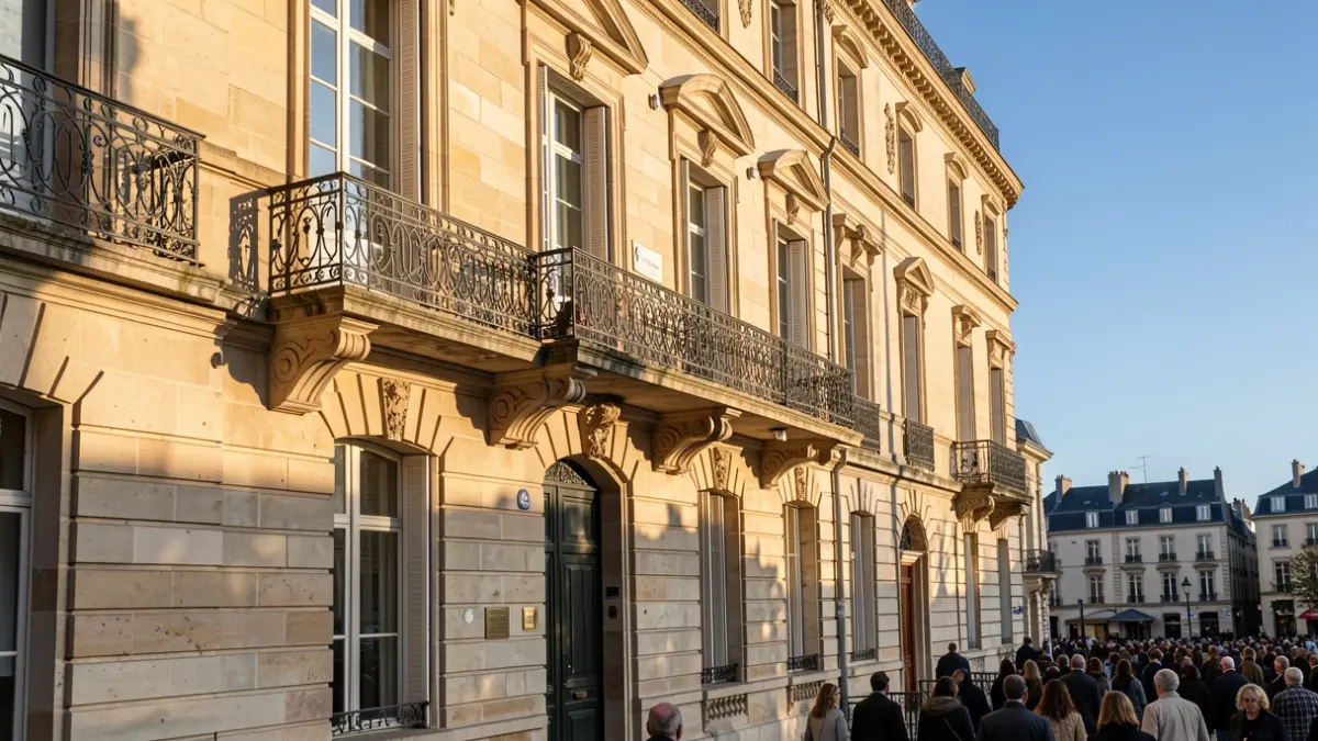 Stone facade of an Île-de-France town hall with ornate balcony and iron railings, warm afternoon sunlight casting shadows on the sandstone walls, blue sky.