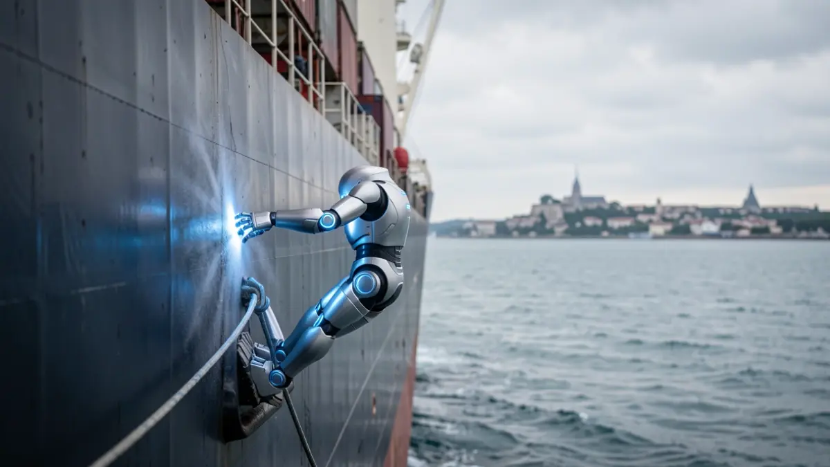 Robot nettoyeur magnétique SEARENITY sur la coque d'un navire en mer, avec la côte francilienne au loin.