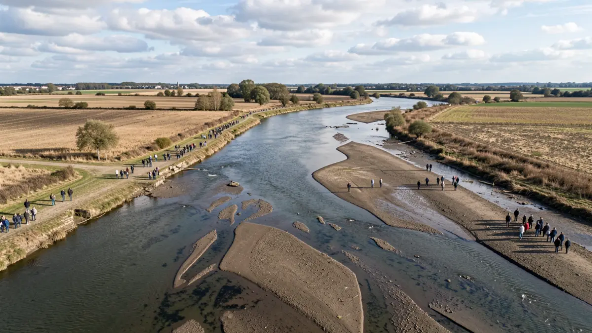 Vue aérienne d'une rivière en Seine-et-Marne avec un niveau d'eau bas.