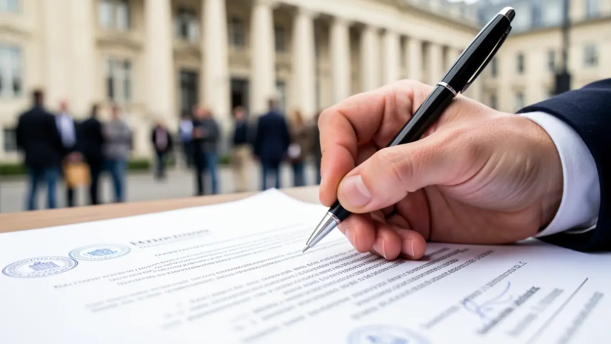 Image générique d'une main tenant un stylo au-dessus d'un document officiel.