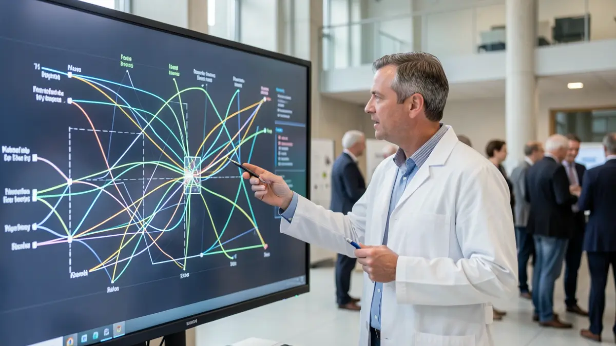 Generic image of energy technology. A professor explains a complex energy grid diagram.