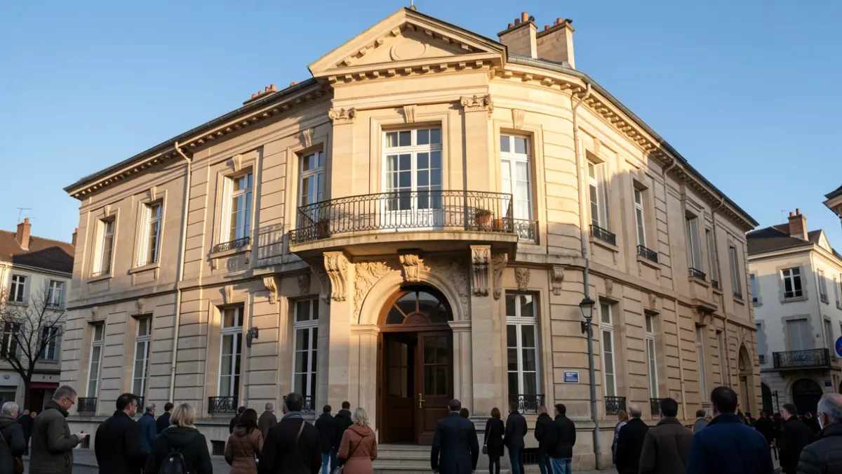 Façade de la mairie de Montgeron, un bâtiment classique en pierre avec un balcon orné et des balustrades en fer forgé, baignée par la lumière chaude d'un soleil de fin d'après-midi.