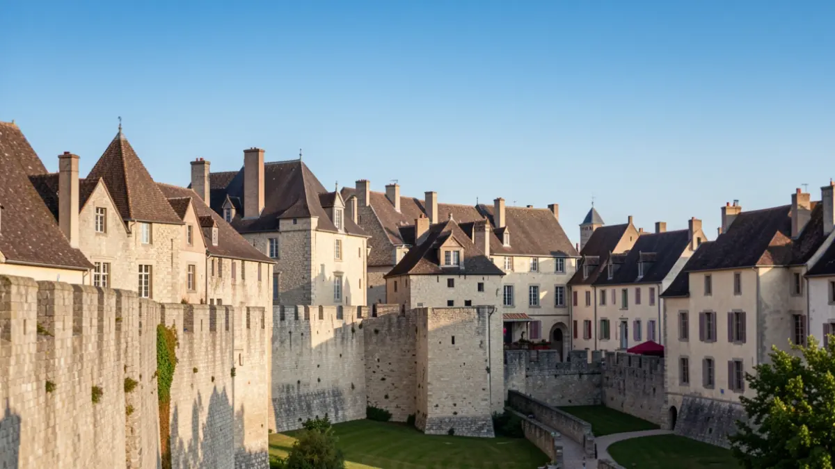 The medieval city of Provins, a UNESCO World Heritage site, seen from a distance under a blue sky.