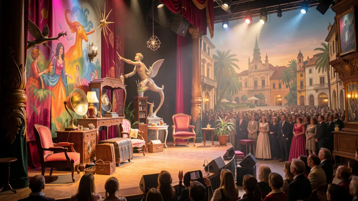 Image générique de scène de théâtre poétique et décalée.