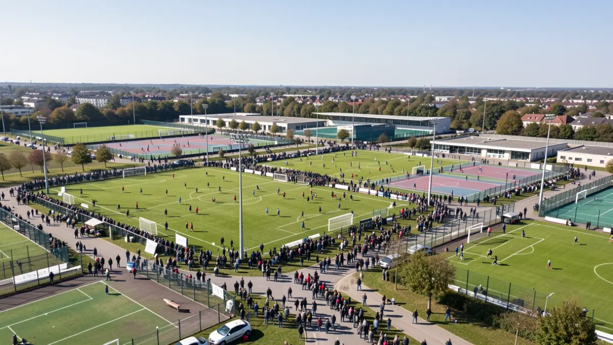 Aerial view of a sports complex in Sarcelles, France, with multiple fields and courts visible under a clear sky.