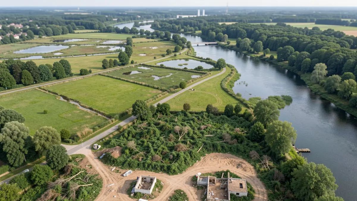 Vue aérienne d'un espace naturel sensible le long de la Seine, montrant des travaux de réhabilitation.