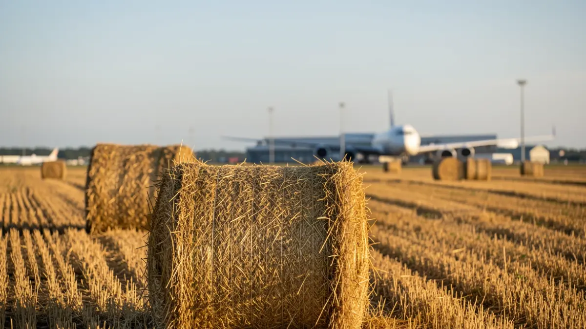 Ballots de foin dans un champ près d'un aéroport.