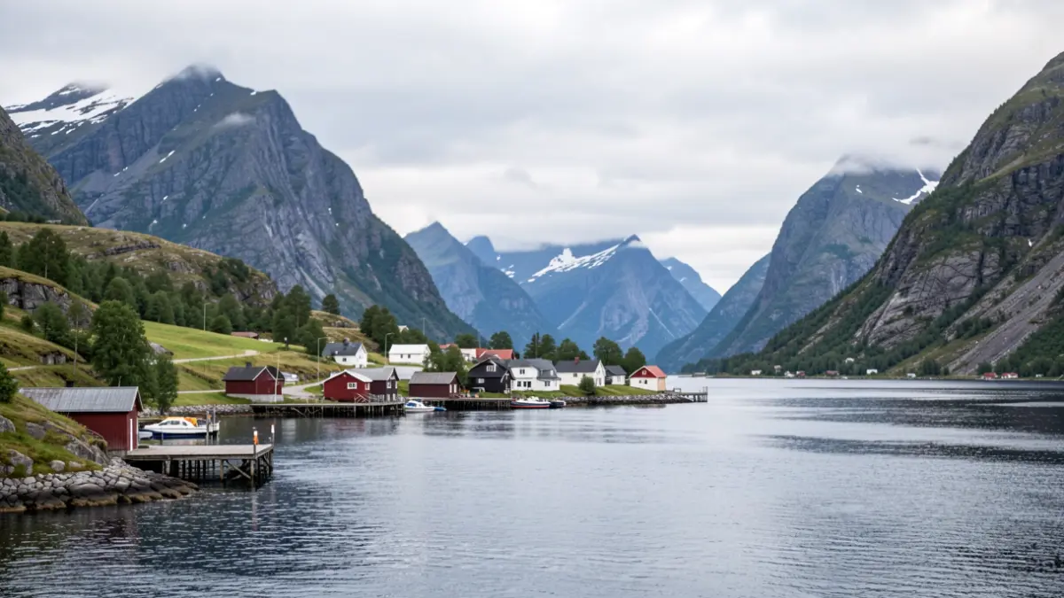 Norwegian fjord landscape with a village and mountains.