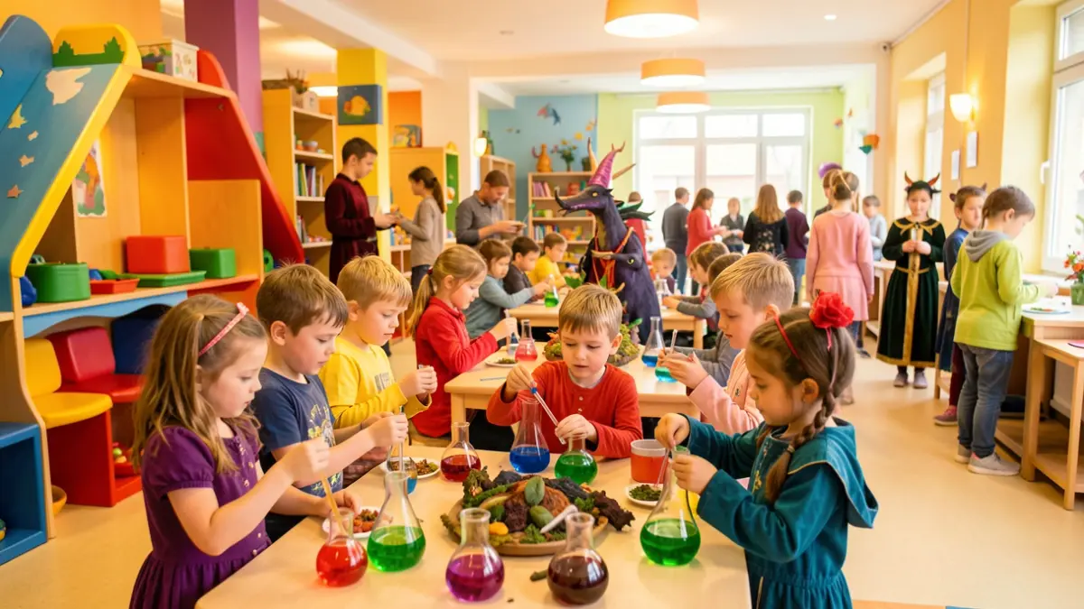 Enfants participant à des activités sur le thème du monde fantastique dans un centre de loisirs.