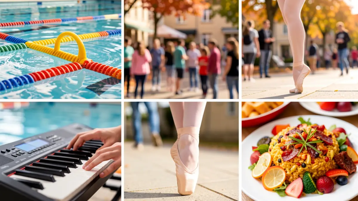 Composite image of autumn activities for 11-17 year olds in Trappes, including swimming, dance, digital workshops, and cooking.