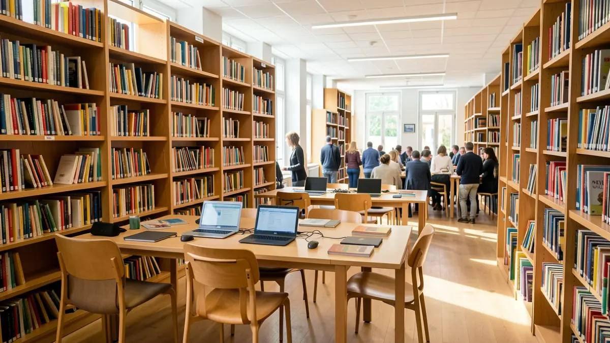 Image générique de l'intérieur d'une bibliothèque moderne.