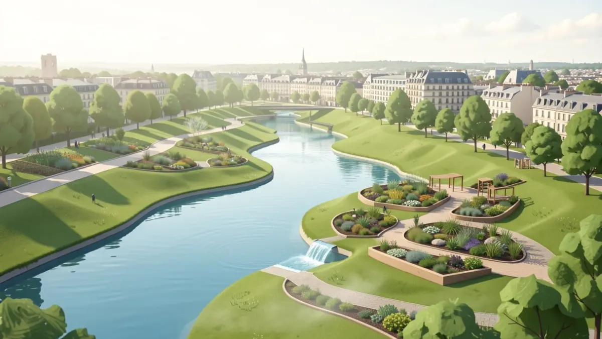 Symbolic image of water management and climate adaptation in Île-de-France, featuring a green landscape with urban resilience elements.