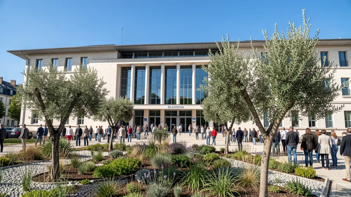 Facade of the Vigneux-sur-Seine town hall after renovation, featuring olive trees and low-water plants.