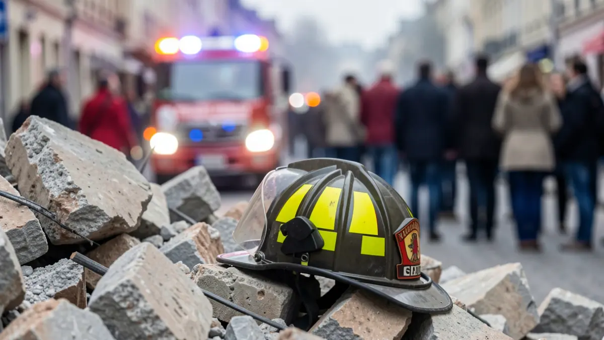 French firefighter's helmet on rubble, blurred emergency lights.