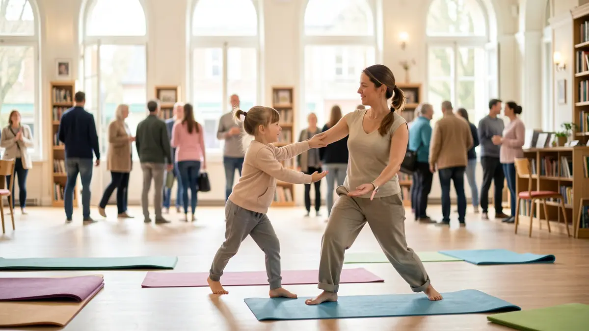 Generic image of a parent and child practicing yoga in a cultural center.
