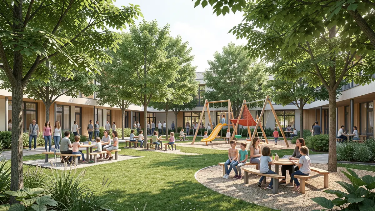 Generic image of a modern, green schoolyard in Île-de-France.