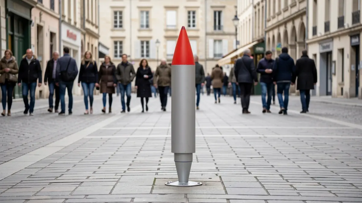 A mock missile shaped like a pencil on the Mail Roger Derry in Vitry-sur-Seine.