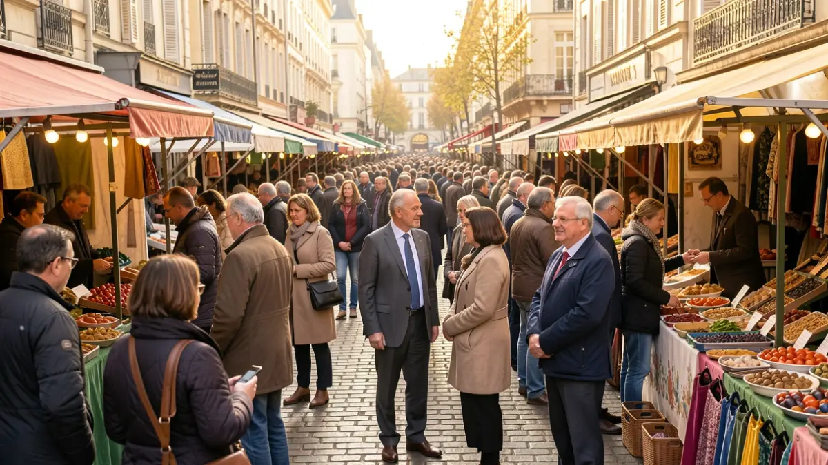 Generic image of the city of Orsay with elected officials meeting citizens at a market.