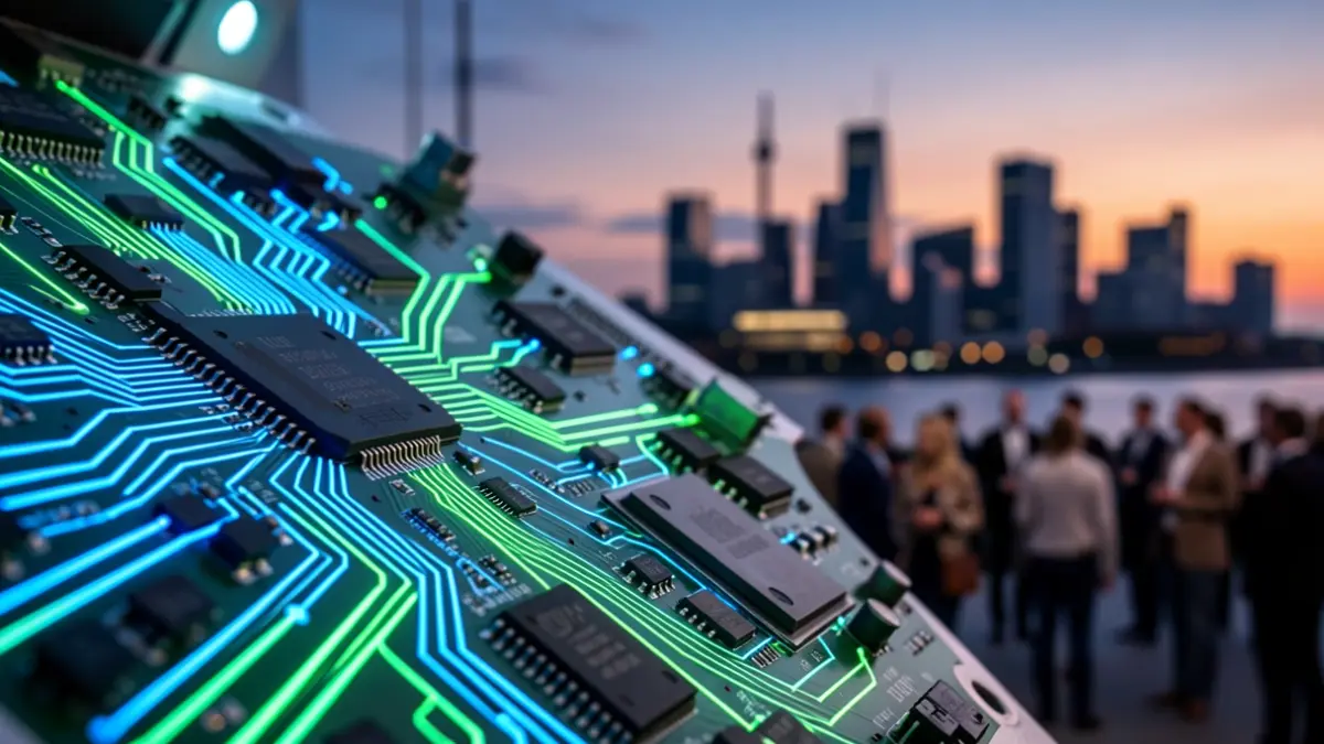 Complex circuit board with glowing blue and green lines, symbolizing advanced technology and energy flow, against a blurred urban skyline silhouette.
