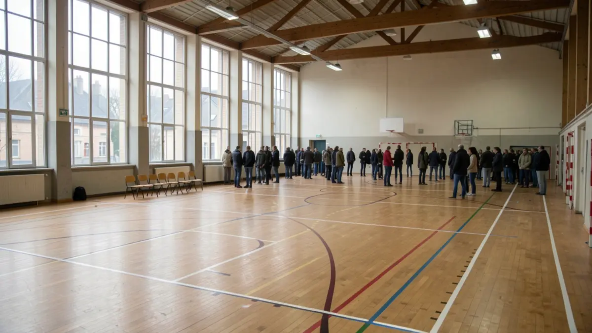 Salle de sport vide avec terrain de basket, lumière du jour douce.