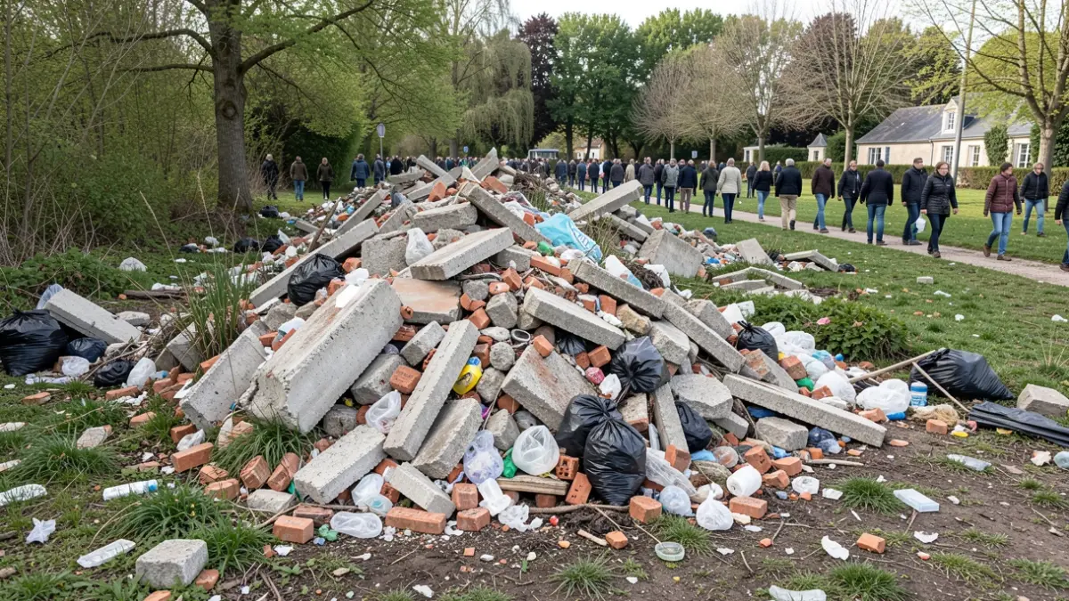 Image générique de déchets divers et de matériaux de démolition retirés d'un terrain communal.