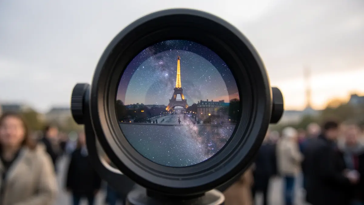 Close-up of a telescope lens reflecting a starry night sky, with a blurred image of the Paris skyline in the background.