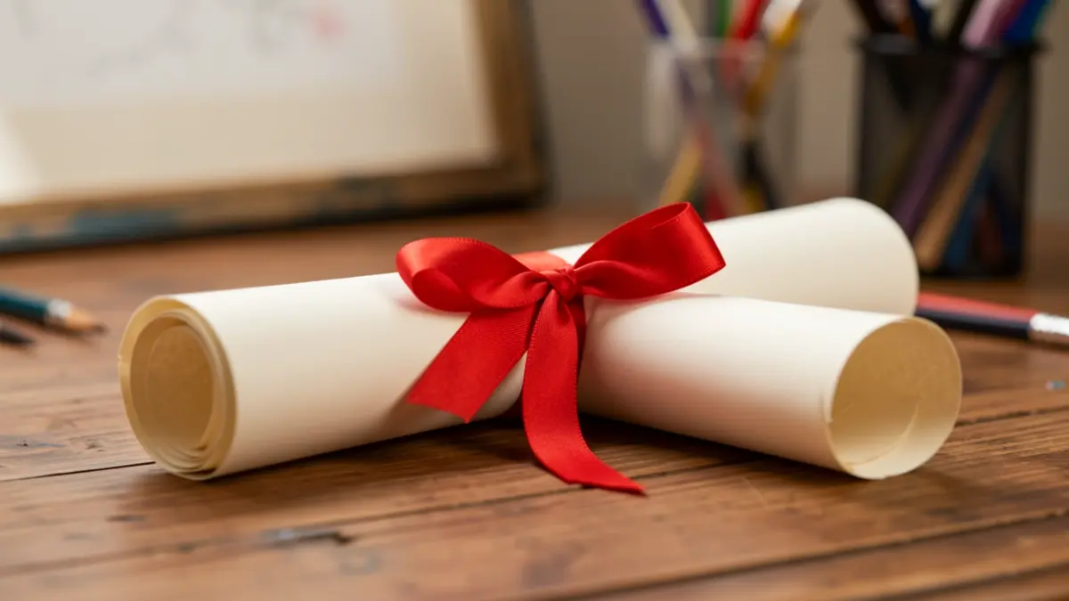 Generic image of a diploma scroll on a desk with blurred art supplies.