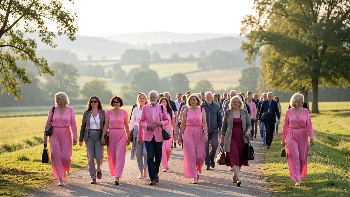 Image générique de participants à une marche solidaire dans un paysage de la région parisienne, avec une dominante de rose.