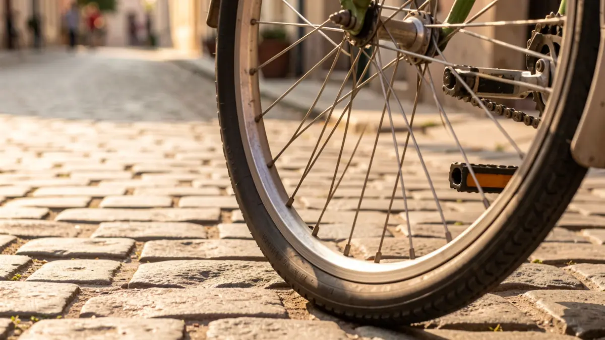 Image générique d'une roue de vélo sur une rue pavée, lumière douce de fin d'après-midi.