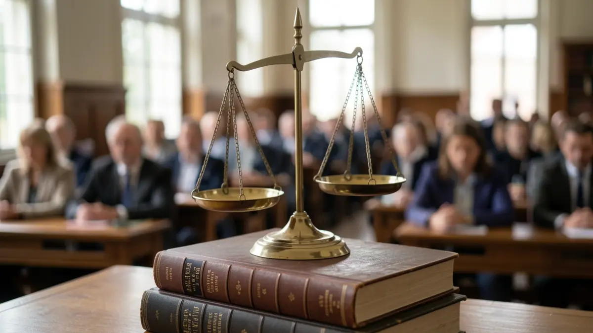 Image générique de balances de la justice sur des livres de droit, dans une salle d'audience.
