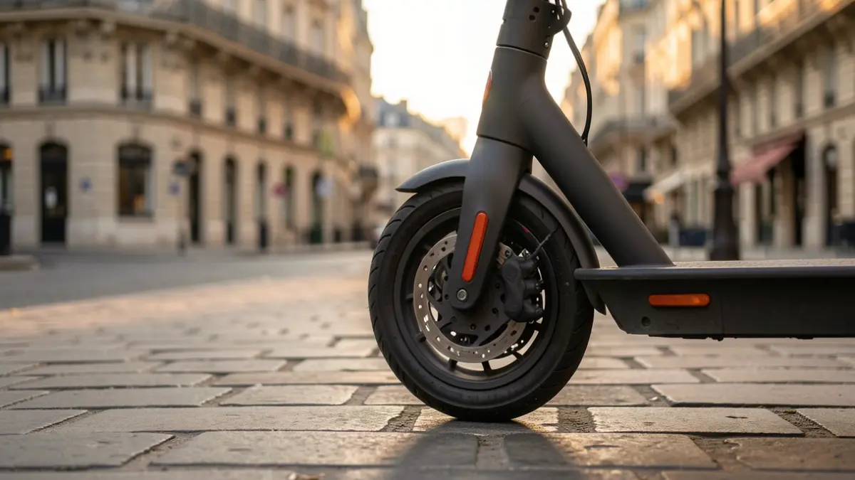 Generic image of an electric scooter parked on a sidewalk, with typical Parisian region architecture in the background.