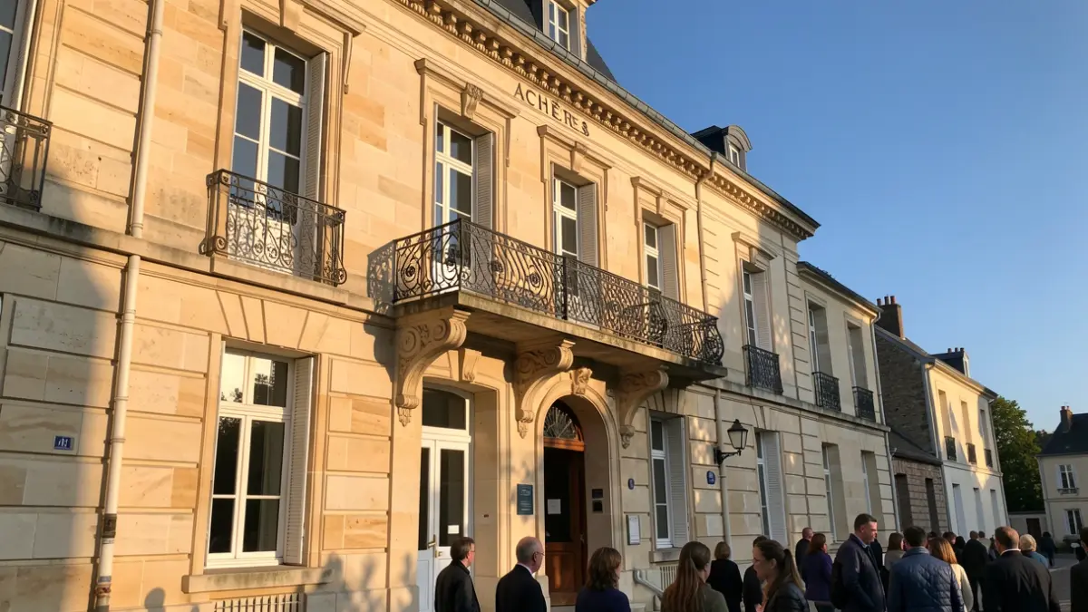 Facade of the Achères town hall with an ornate balcony and blue sky.