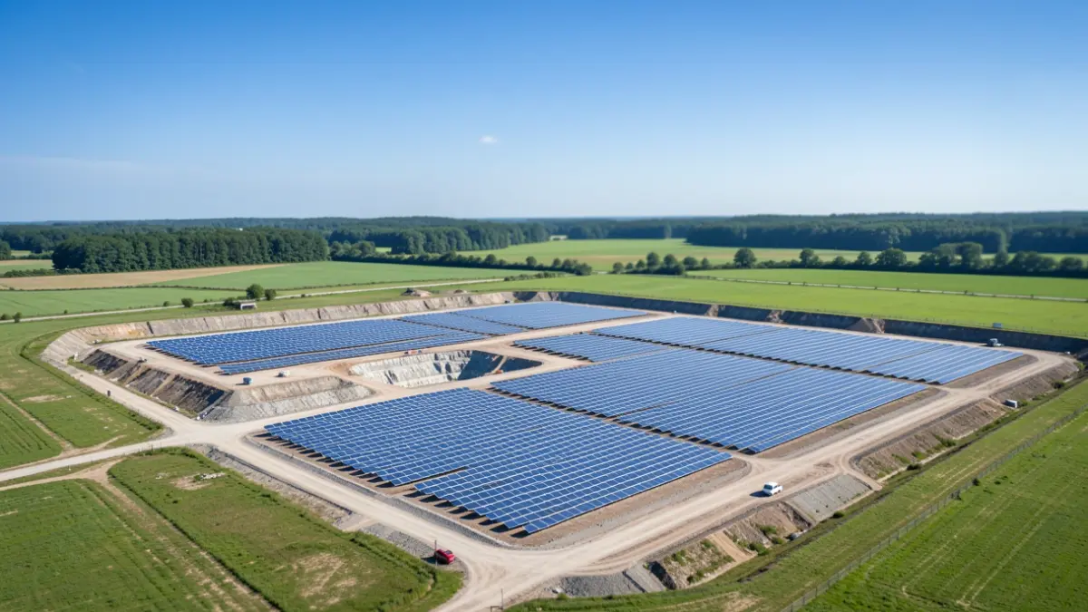 Image générique de panneaux solaires installés sur un ancien site de carrière dans la région Île-de-France, sous un ciel bleu.