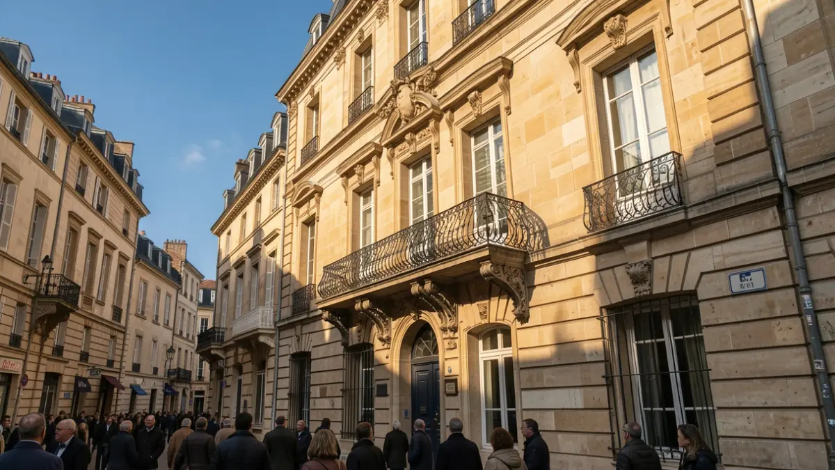 Image générique de la façade d'une mairie en pierre avec balcon et balustrade en fer forgé, sous un soleil d'après-midi.
