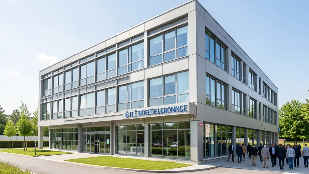 Generic image of a modern medical center in a business park in Île-de-France.