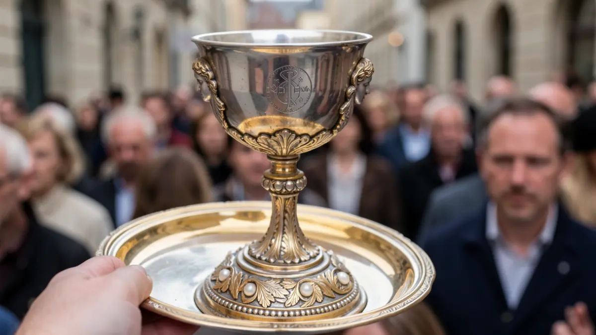 Generic image of a silver chalice and paten, featuring decorative motifs and a christogram.