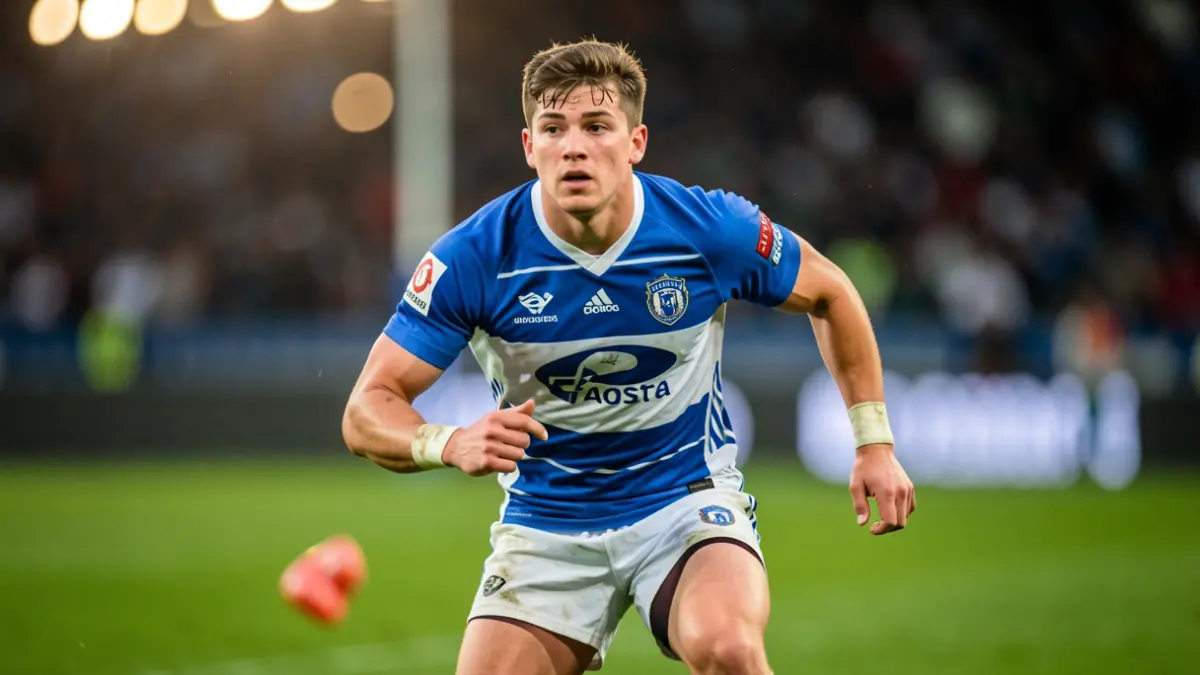 Image d'un jeune joueur de rugby, Adam Agosta, en action sur un terrain en Île-de-France.
