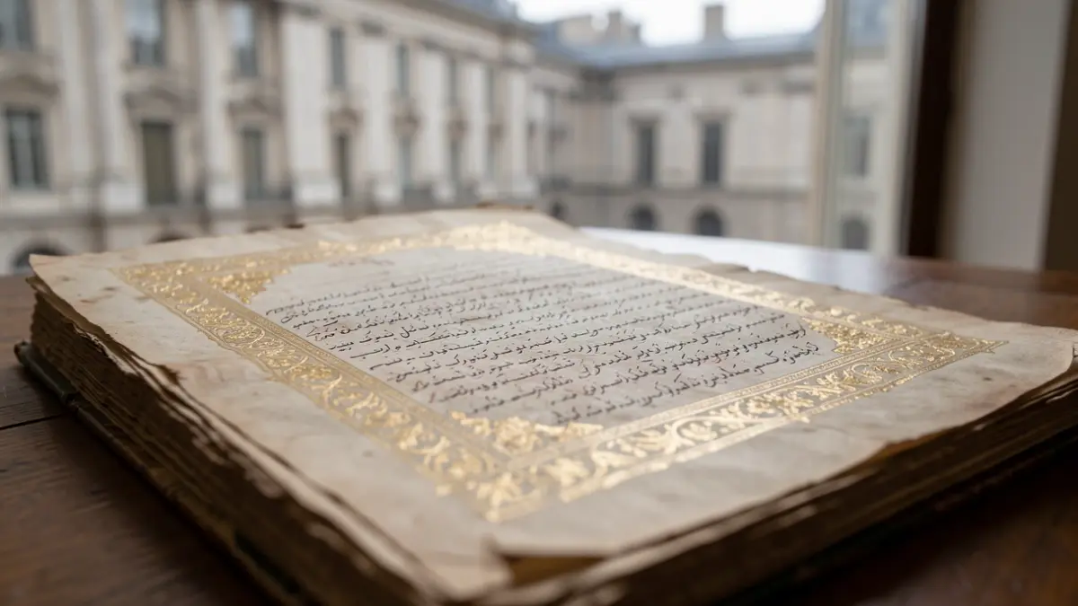 Gros plan d'un manuscrit persan ancien avec des détails complexes en feuille d'or et de l'encre délavée, posé sur un bureau en bois. Une lumière douce et diffuse illumine la page, soulignant la texture du vieux papier. Au second plan, une silhouette floue de la façade d'un bâtiment classique, évoquant le Collège de France.