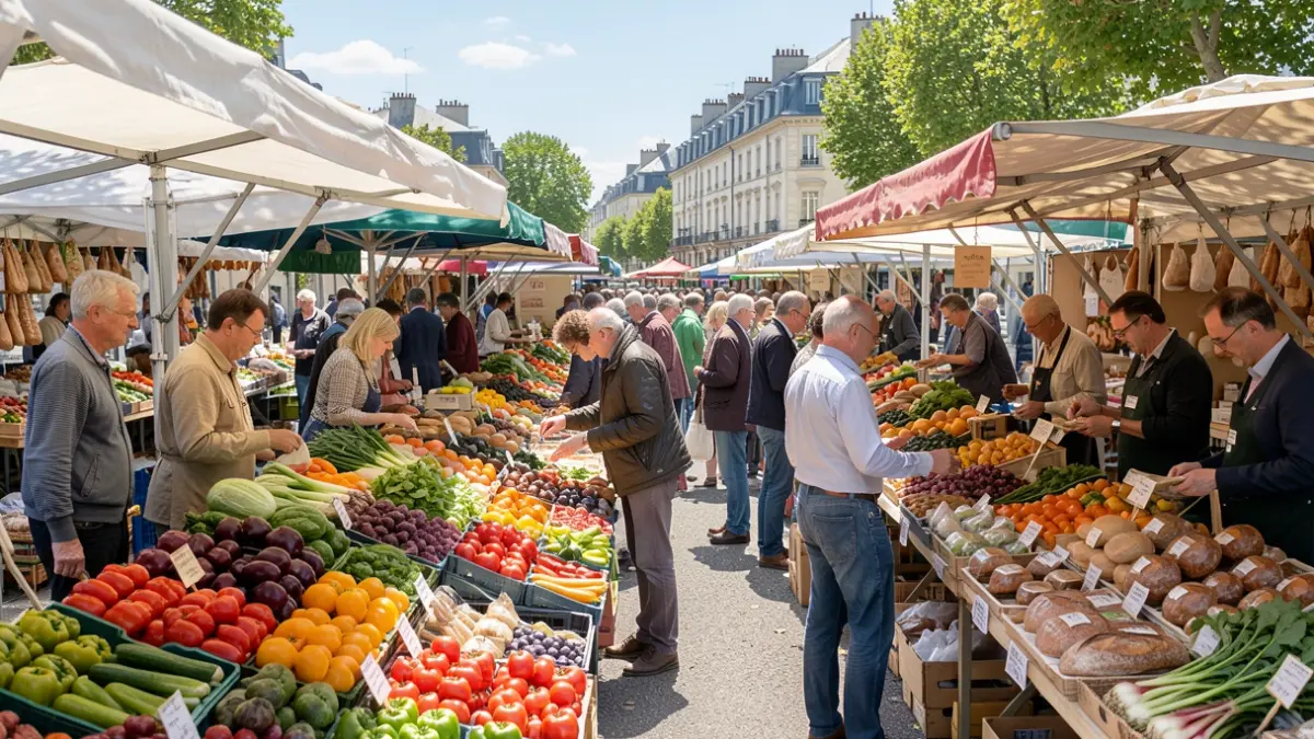 Generic image of an outdoor food market in Île-de-France with fresh local produce.