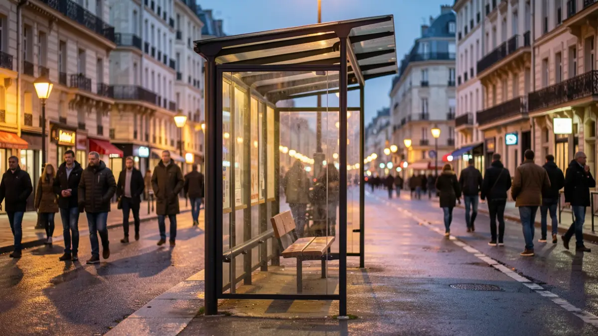 Image générique d'un arrêt de bus dans une banlieue parisienne au crépuscule.