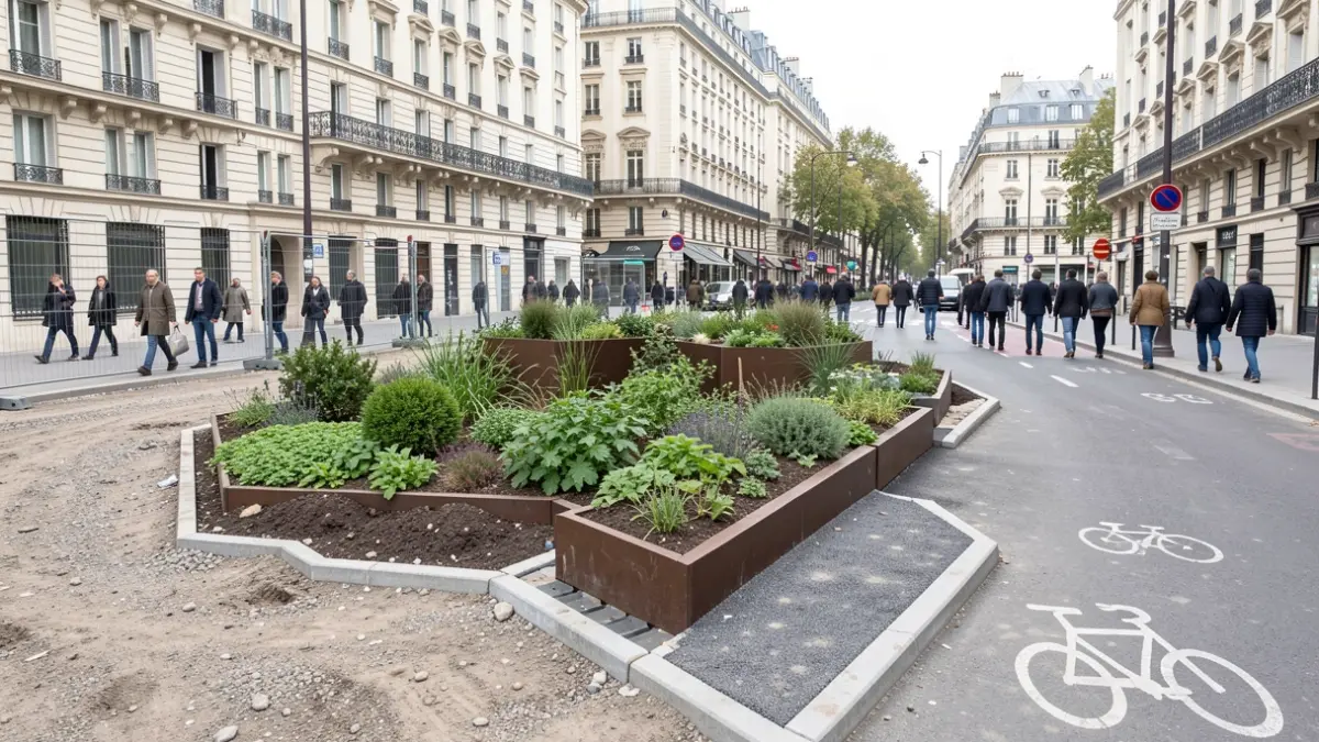 Construction site for David Bowie street in Paris, showing roadworks, sidewalks, and green spaces.