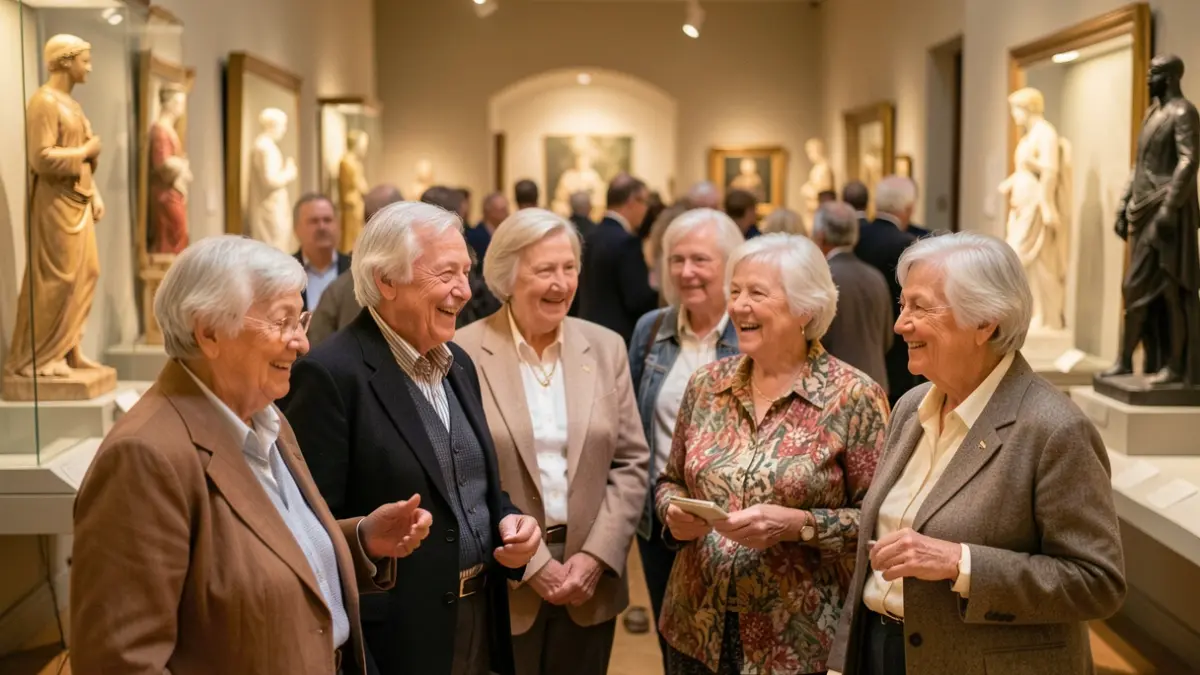 Generic image of seniors participating in a cultural outing to a museum, with blurred exhibits in the background. Warm atmosphere and soft lighting.