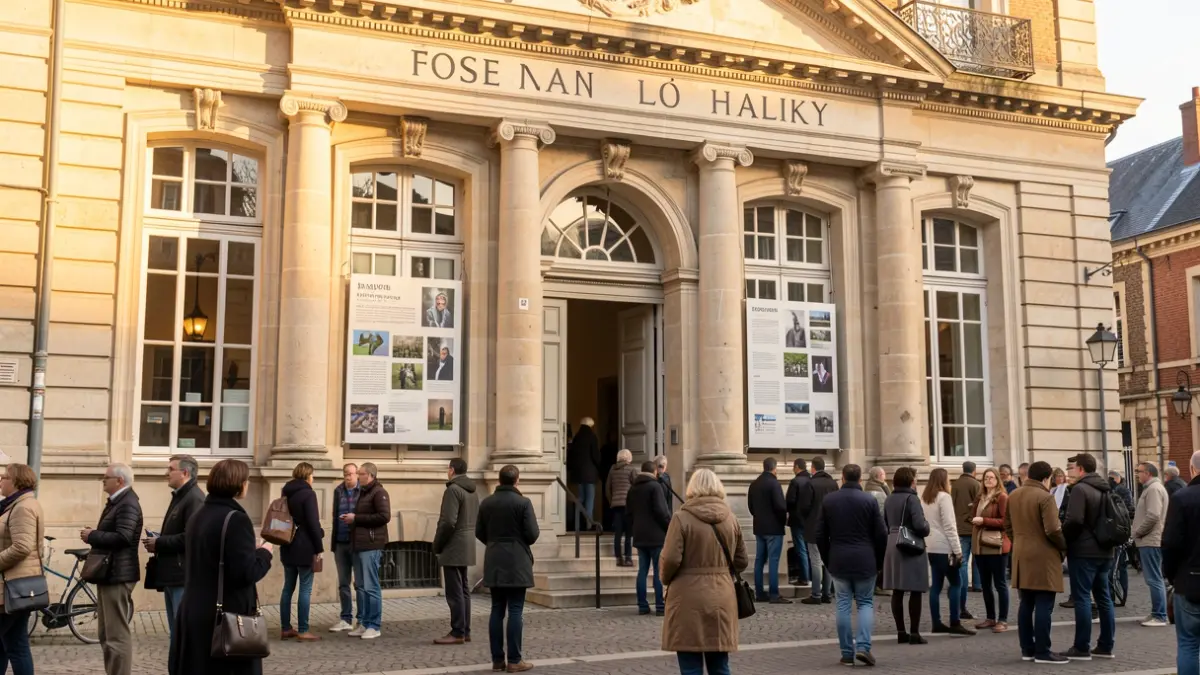Image générique de la façade d'une mairie française avec des panneaux d'exposition visibles à travers les fenêtres.